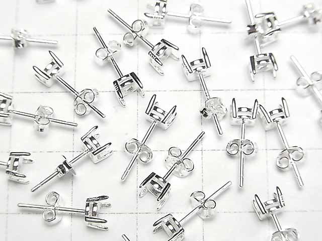 [Video]Silver925 4pcs Prong Setting EarstudsEarrings Frame & Catch for Round Faceted [4mm] No coating 1pair (2 pieces)