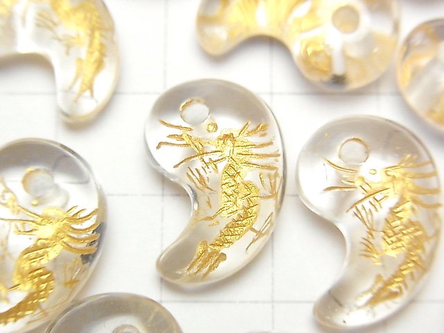 [Video]Golden! Dragon (Four Divine Beasts ) Carved! Crystal Comma Shaped Bead 20x13mm 1pc