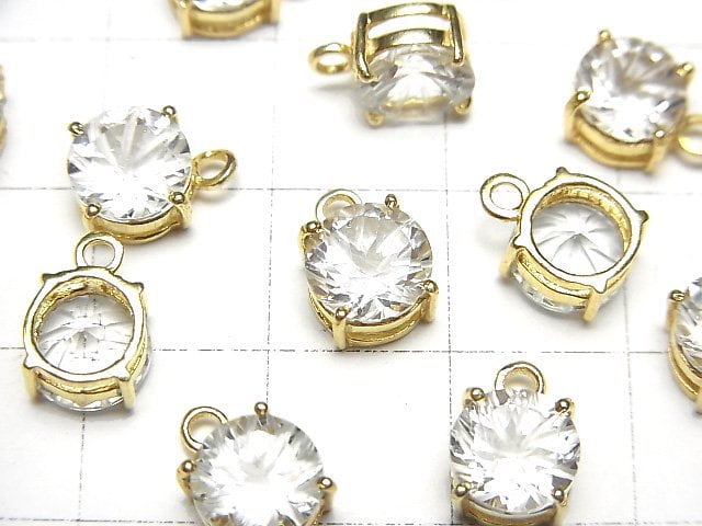 [Video]High Quality White Topaz AAA Bezel Setting Carved Round Faceted 7x7mm 18KGP 2pcs