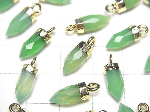 [Video]High Quality Green Color Chalcedony AAA- Faceted Point Charm 12x5x5mm Gold Color 2pcs