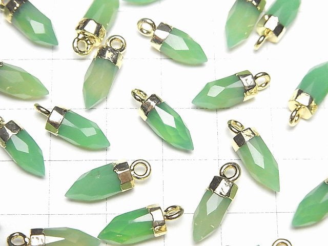 [Video]High Quality Green Color Chalcedony AAA- Faceted Point Charm 12x5x5mm Gold Color 2pcs