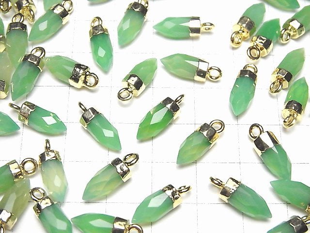 [Video]High Quality Green Color Chalcedony AAA- Faceted Point Charm 12x5x5mm Gold Color 2pcs