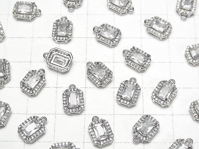 Metal parts charm with CZ octagon 9x7mm silver color 2pcs