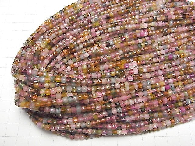 [Video]High Quality! Multicolor Tourmaline AA++ Cube Shape 4x4x4mm half or 1strand beads (aprx.15inch/37cm)