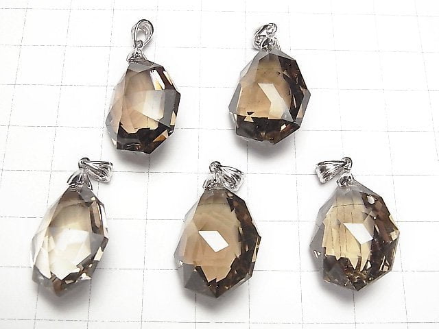 High Quality Smoky Quartz AAA Multiple Facets Faceted Pendant 25x18x14mm Lightcolor Silver925
