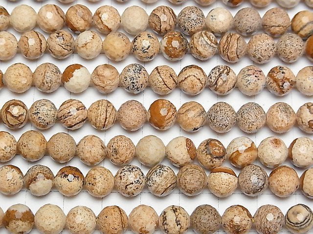 [Video]High Quality! Picture Jasper 128 Faceted Round 8mm 1strand beads (aprx.15inch/36cm)