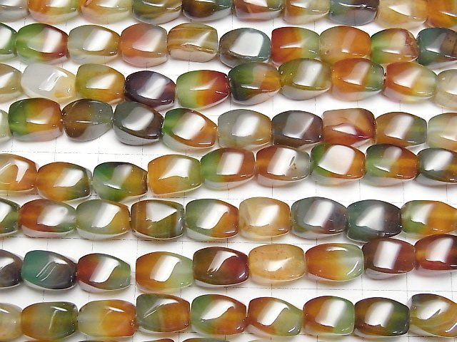 [Video] Green x Red color Chalcedony 4Faceted Twist Faceted Rice 12x8x8mm 1strand beads (aprx.15inch/38cm)