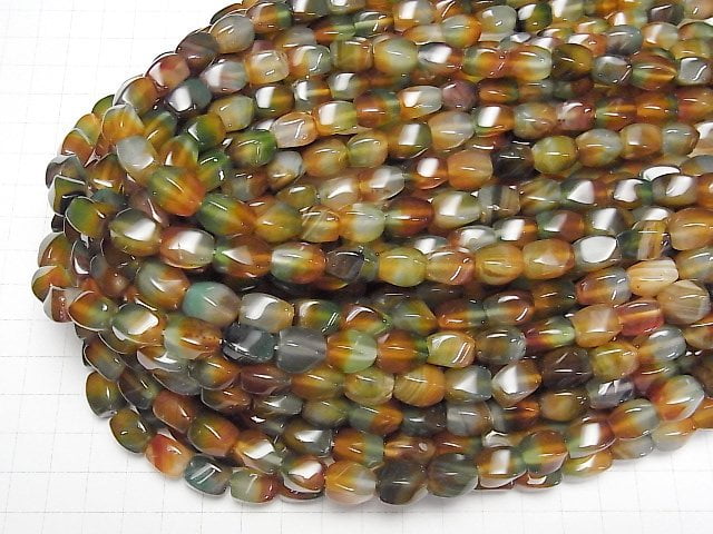 [Video] Green x Red color Chalcedony 4Faceted Twist Faceted Rice 12x8x8mm 1strand beads (aprx.15inch/38cm)