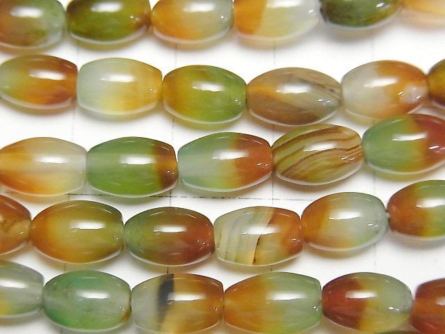 [Video] Green x Red color Chalcedony Rice 9x6x6mm 1strand beads (aprx.14inch/35cm)