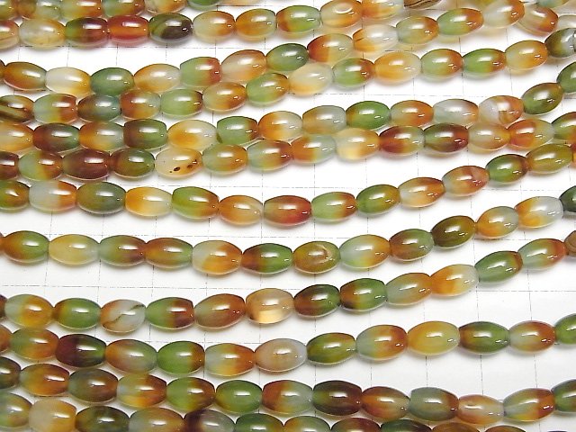 [Video] Green x Red color Chalcedony Rice 9x6x6mm 1strand beads (aprx.14inch/35cm)