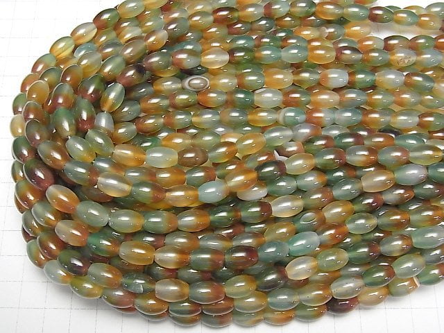 [Video] Green x Red color Chalcedony Rice 12x8x8mm 1strand beads (aprx.15inch/37cm)