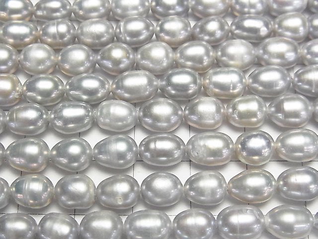 [Video]Fresh Water Pearl AA- Rice 7x6x6mm Silver 1strand beads (aprx.13inch/33cm)