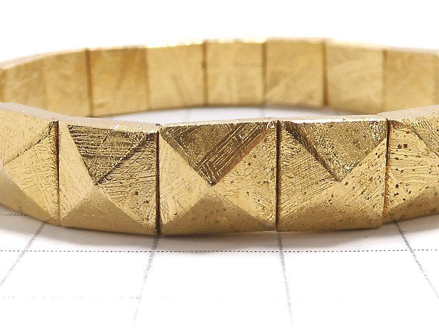 [Video][One of a kind] Meteorite (Muonionalusta) Two Holes Faceted Square 9x9mm Yellow Gold Bracelet NO.4