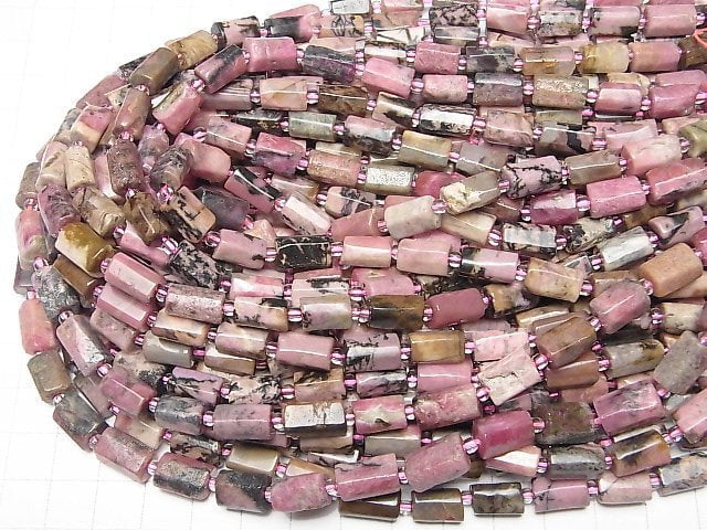 [Video] Dendritic Rhodonite Rough Tube - Faceted Nugget 1strand beads (aprx.15inch/38cm)