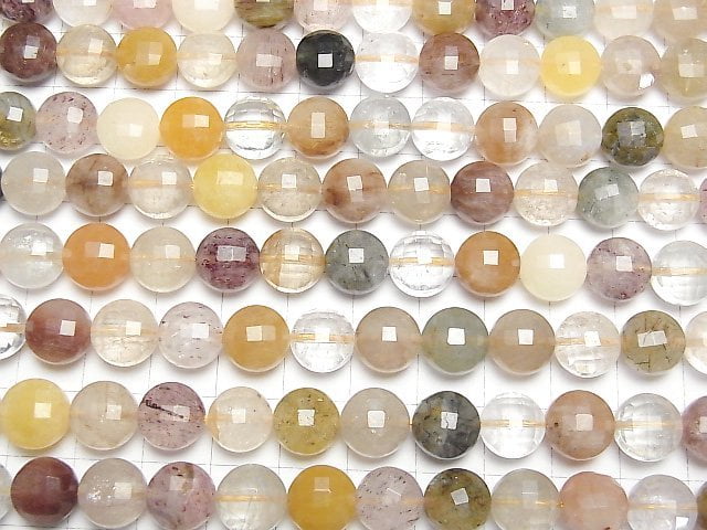 [Video] Multi color Rutilated Quartz AA Faceted Coin 10x10x7mm 1strand beads (aprx.15inch/38cm)