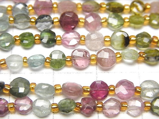 [Video]High Quality Multicolor Tourmaline AA++ Faceted Coin half or 1strand beads (aprx.7inch/18cm)