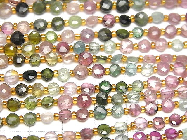 [Video]High Quality Multicolor Tourmaline AA++ Faceted Coin half or 1strand beads (aprx.7inch/18cm)