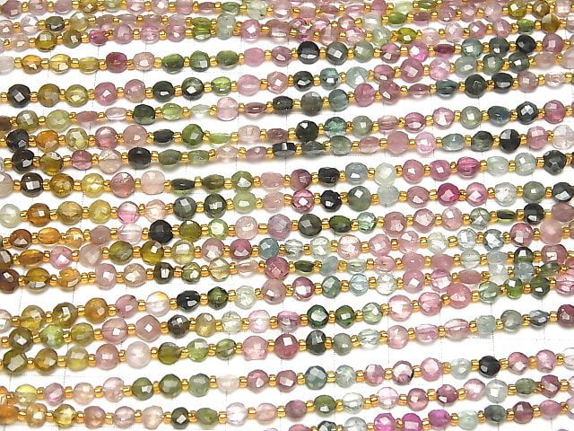 [Video]High Quality Multicolor Tourmaline AA++ Faceted Coin half or 1strand beads (aprx.7inch/18cm)