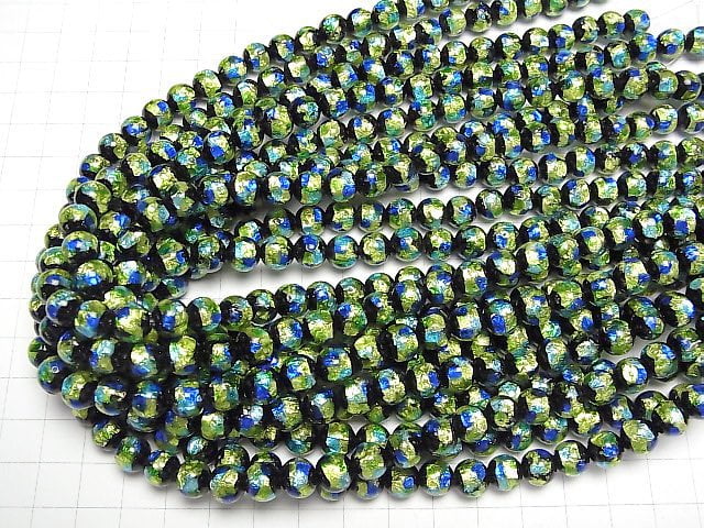 [Video] Lampwork Beads Round 8mm [Blue x Yellow/Luminous type] 1/4 or 1strand beads (aprx.15inch/36cm)