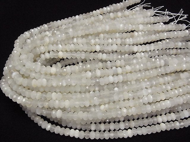 [Video] High Quality! White Moonstone AA++ Faceted Button Roundel 7x7x4mm half or 1strand beads (aprx.15inch/38cm)