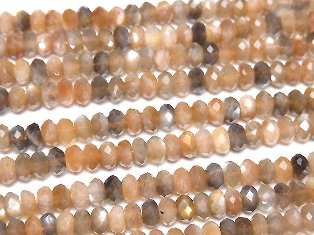 [Video]High Quality! Silver & Golden Sheen Brown Moonstone AA++ Faceted Button Roundel 7x7x4mm half or 1strand beads (aprx.15inch/38cm)