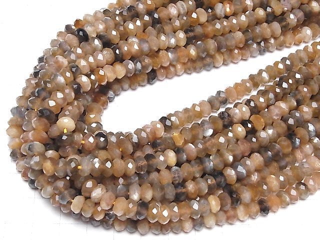 [Video]High Quality! Silver & Golden Sheen Brown Moonstone AA++ Faceted Button Roundel 7x7x4mm half or 1strand beads (aprx.15inch/38cm)