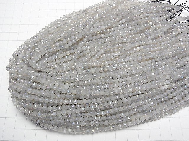 [Video] High Quality! Gray Moonstone AAA- Faceted Round 4mm AB coating 1strand beads (aprx.15inch/36cm)