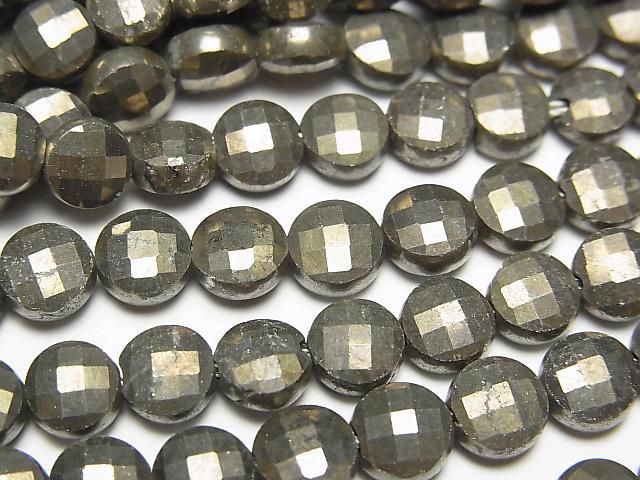[Video] High Quality! Golden Pyrite Faceted Coin 6x6x3.5mm 1-strand beads (approx. 15inch/36cm)