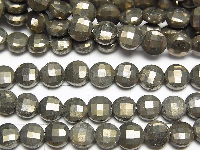 [Video] High Quality! Golden Pyrite Faceted Coin 6x6x3.5mm 1-strand beads (approx. 15inch/36cm)