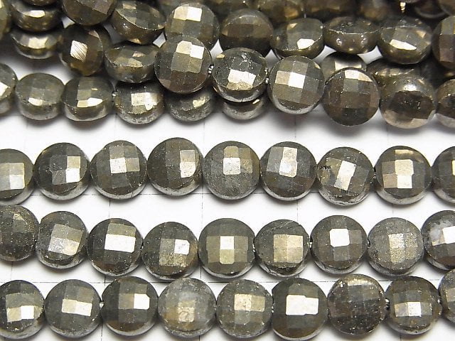 [Video] High Quality! Golden Pyrite AAA- Faceted Coin 6x6x3.5mm 1strand beads (aprx.15inch/37cm)