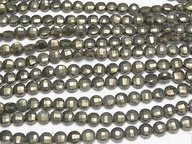 [Video] High Quality! Golden Pyrite Faceted Coin 6x6x3.5mm 1-strand beads (approx. 15inch/36cm)