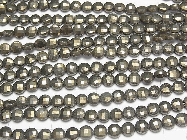 [Video] High Quality! Golden Pyrite AAA- Faceted Coin 6x6x3.5mm 1strand beads (aprx.15inch/37cm)