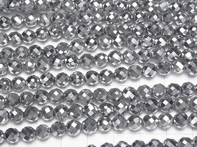 [Video]High Quality! Hematite 64Faceted Round 6mm Silver Coating 1strand beads (aprx.15inch/38cm)