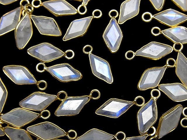 [Video]High Quality Rainbow Moonstone AAA- Bezel Setting Diamond Shape 11x6mm 18KGP 3pcs