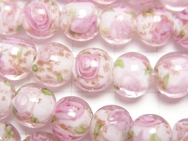 [Video] Lampwork Beads Round 10mm with rose pattern [Pink] 1strand beads (aprx.13inch/33cm)