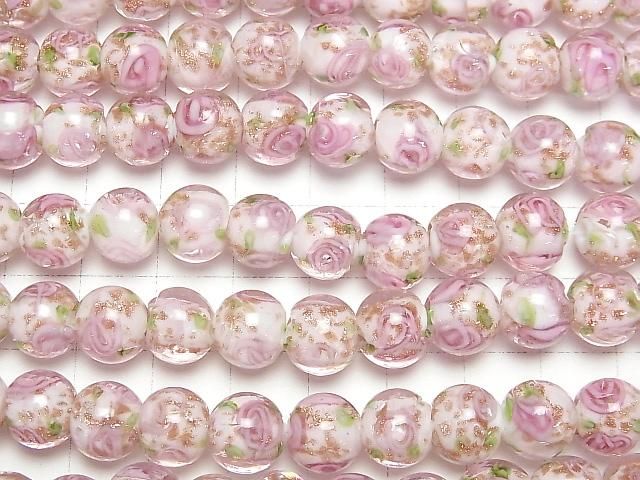 [Video] Lampwork Beads Round 10mm Rose Pattern [Pink] half or 1strand beads (aprx.13inch/32cm)