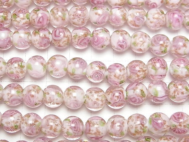 [Video] Lampwork Beads Round 10mm with rose pattern [Pink] 1strand beads (aprx.13inch/33cm)