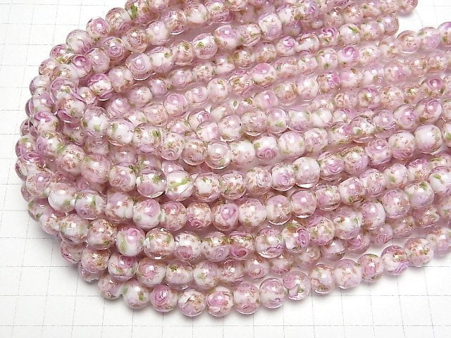 [Video] Lampwork Beads Round 10mm with rose pattern [Pink] 1strand beads (aprx.13inch/33cm)