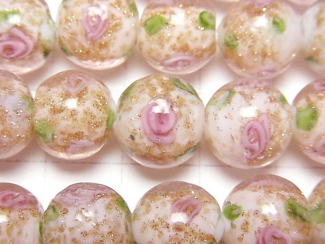 [Video] Lampwork Beads Round 12mm Rose pattern [Pink] 1strand beads (aprx.14inch/34cm)