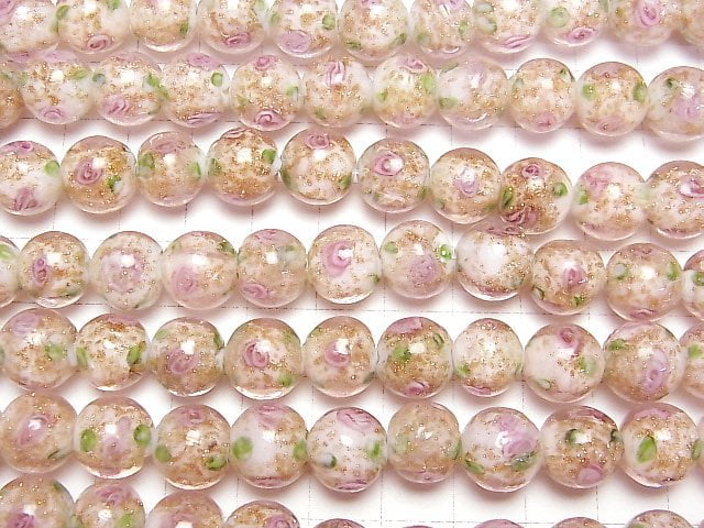 [Video] Lampwork Beads Round 12mm Rose pattern [Pink] 1strand beads (aprx.14inch/34cm)