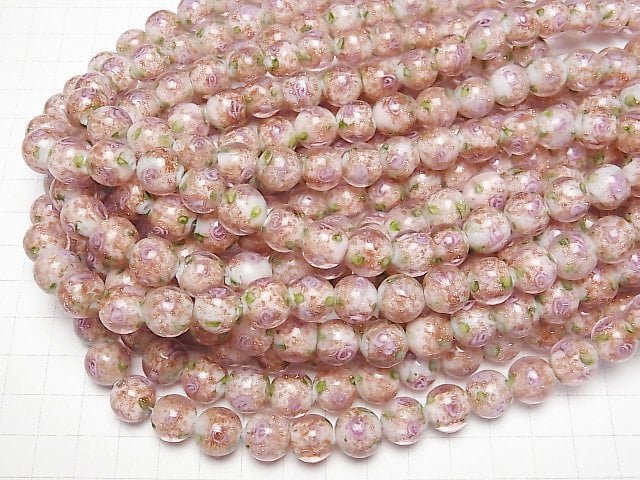 [Video] Lampwork Beads Round 12mm Rose pattern [Pink] 1strand beads (aprx.14inch/34cm)