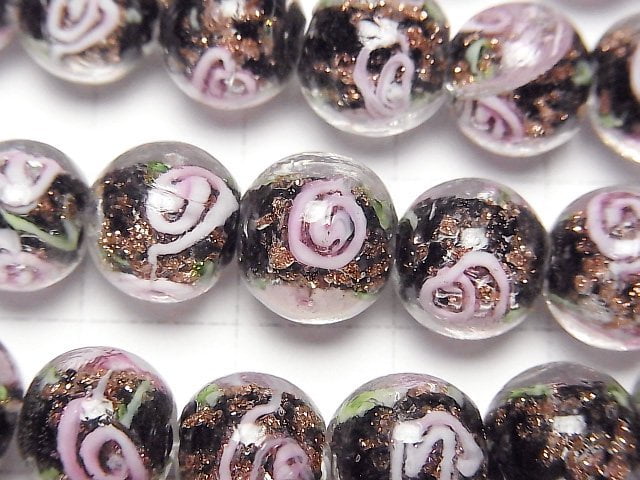 [Video] Lampwork Beads Round 10mm with rose pattern [Black] 1strand beads (aprx.14inch/34cm)