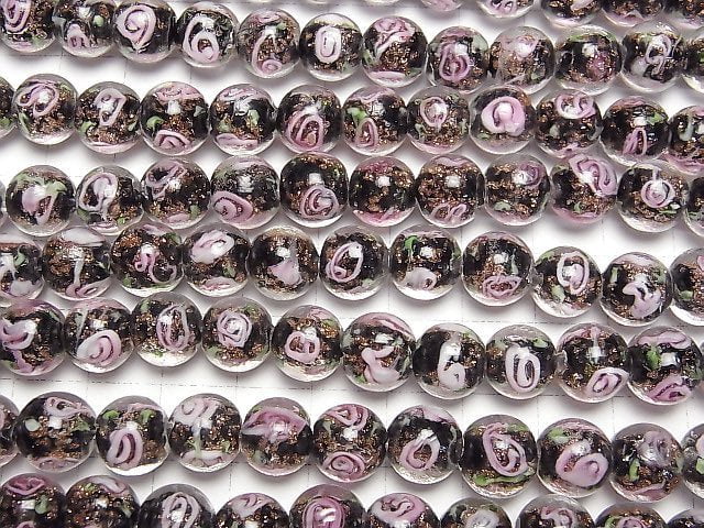 [Video] Lampwork Beads Round 10mm with rose pattern [Black] 1strand beads (aprx.14inch/34cm)