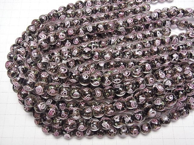 [Video] Lampwork Beads Round 10mm with rose pattern [Black] 1strand beads (aprx.14inch/34cm)