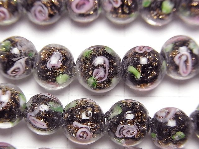 [Video] Lampwork Beads Round 8mm with rose pattern [Black] 1strand beads (aprx.11inch/28cm)