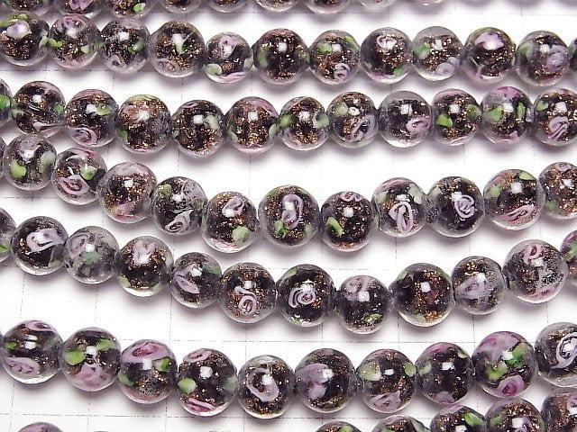 [Video] Lampwork Beads Round 8mm with rose pattern [Black] 1strand beads (aprx.11inch/28cm)