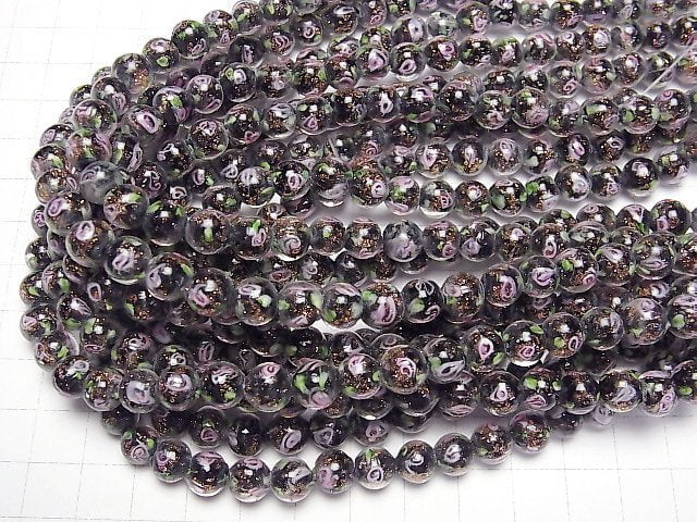 [Video] Lampwork Beads Round 8mm with rose pattern [Black] 1strand beads (aprx.11inch/28cm)