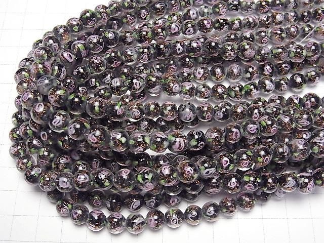 [Video] Lampwork Beads Round 8mm Rose Pattern [Black] half or 1strand beads (aprx.11inch/28cm)