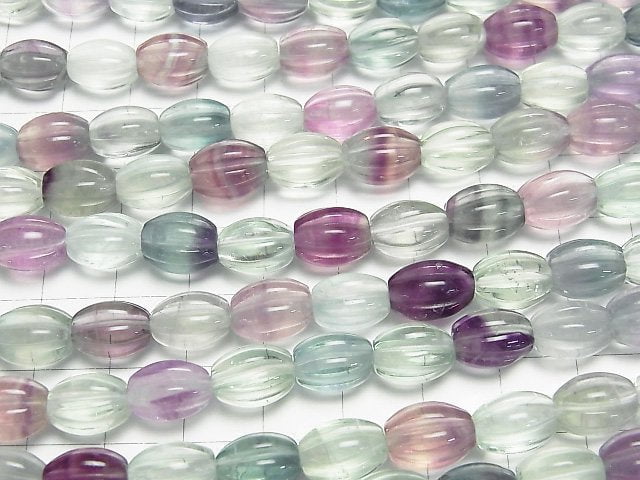 [Video] Multi color Fluorite AAA- Line Carved Rice 10x8x8mm half or 1strand beads (aprx.15inch/38cm)