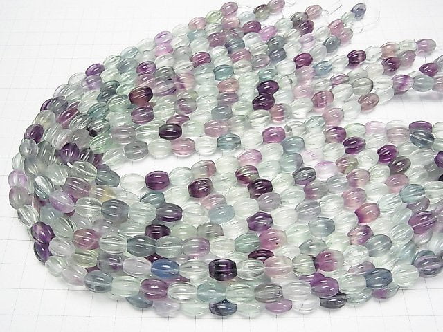 [Video] Multi color Fluorite AAA- Line Carved Rice 10x8x8mm half or 1strand beads (aprx.15inch/38cm)